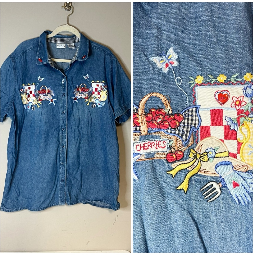 Cherries Cherry Picking Picnic Embroidered Novelty Denim Shirt